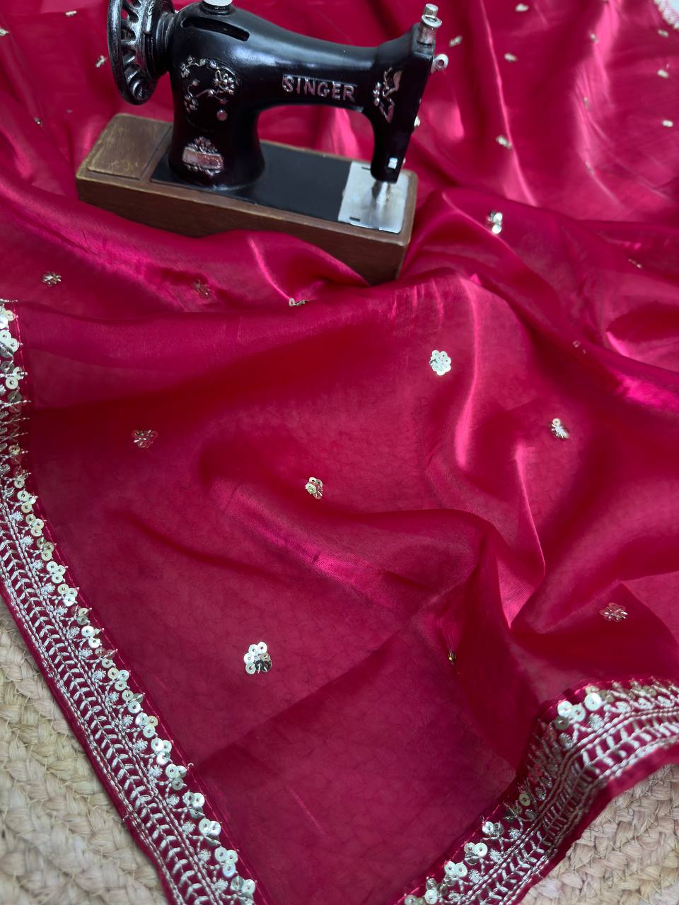 Beautiful Pink Colour Jimmy Chhu Silk Thread  Work Saree
