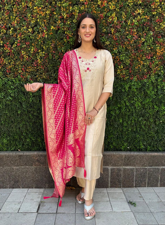 Party Wear Readymade Roman Silk Suit Set