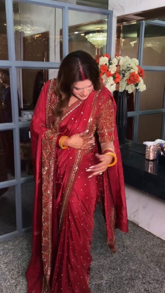 Red Color Satin Silk Embroidered Saree