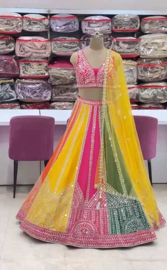 Multi Color Sangeet Mehndi Haldi Wear Silk Lehenga Choli