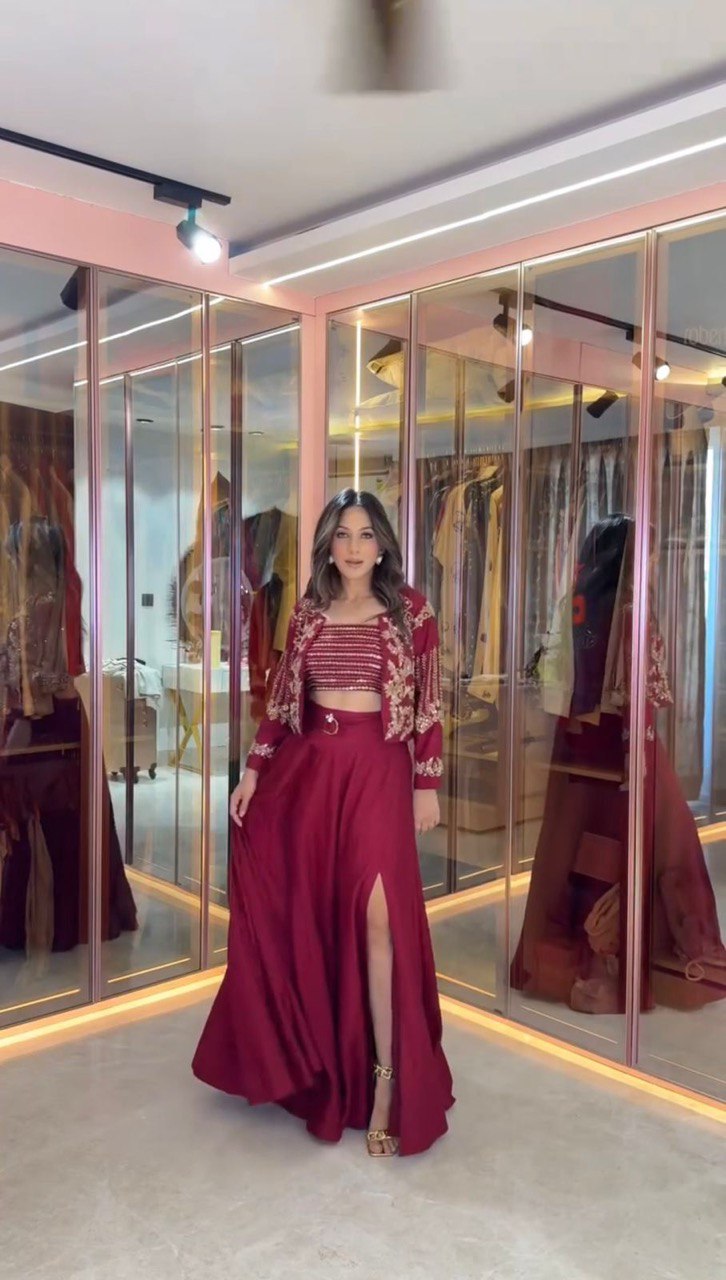 Designer Maroon Chinon Silk Western Lehenga Choli Set