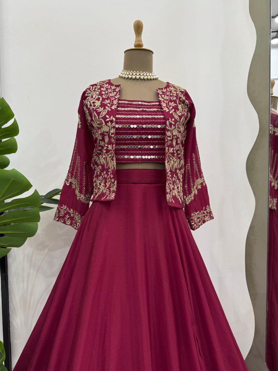 Designer Maroon Chinon Silk Western Lehenga Choli Set