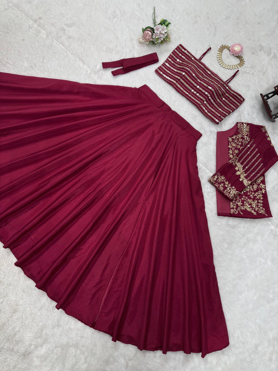 Designer Maroon Chinon Silk Western Lehenga Choli Set