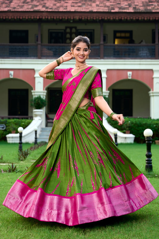 Green Dola Silk Stitched 3.80 Flair Lehenga with Bandhej Print Blouse Fabric