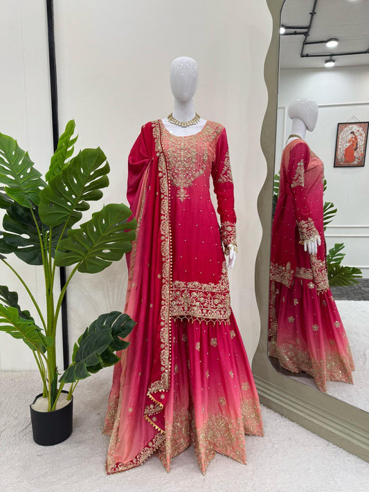 Pink Color Shaded Silk Stitched Sharara Suit