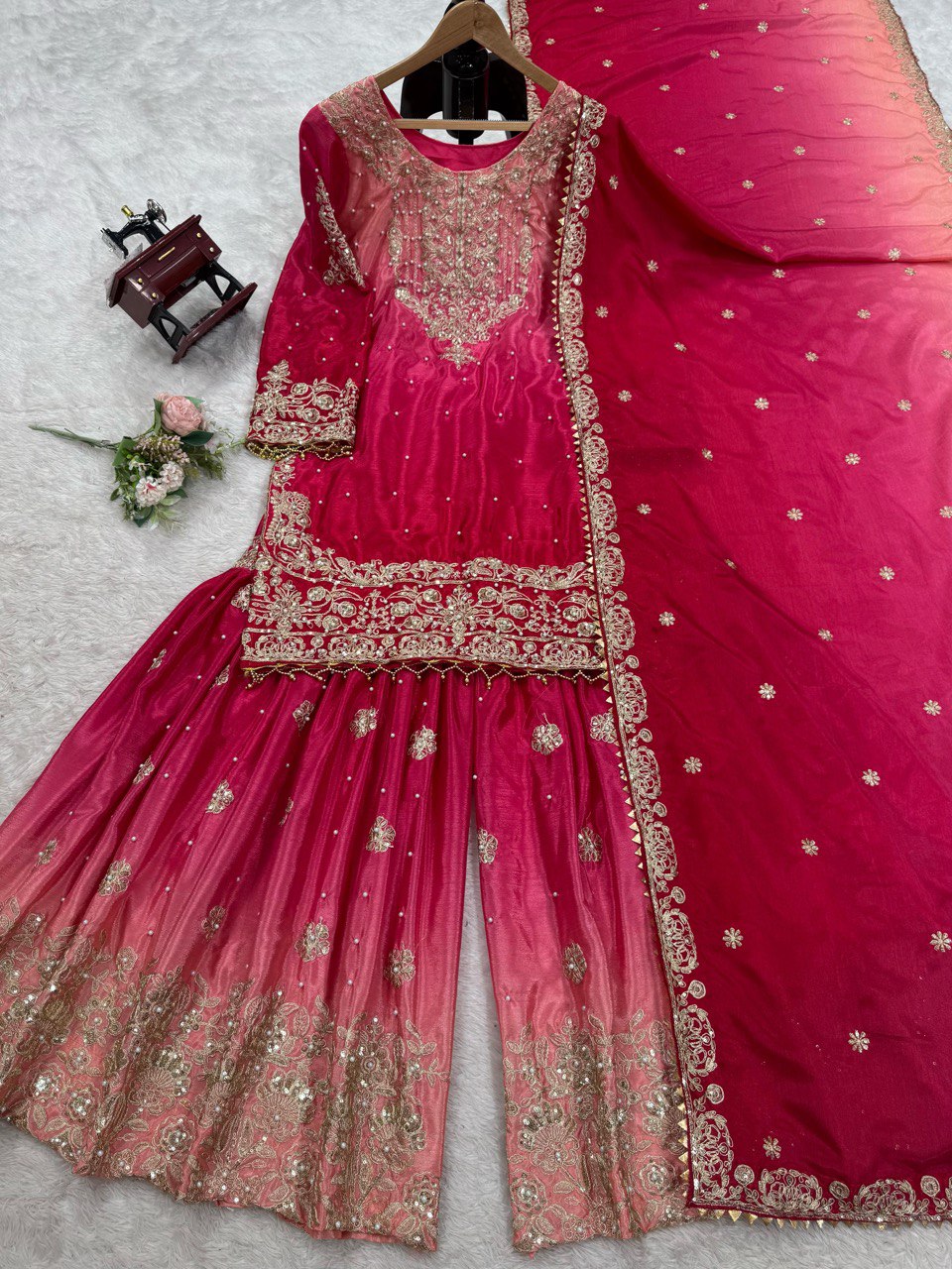 Pink Color Shaded Silk Stitched Sharara Suit