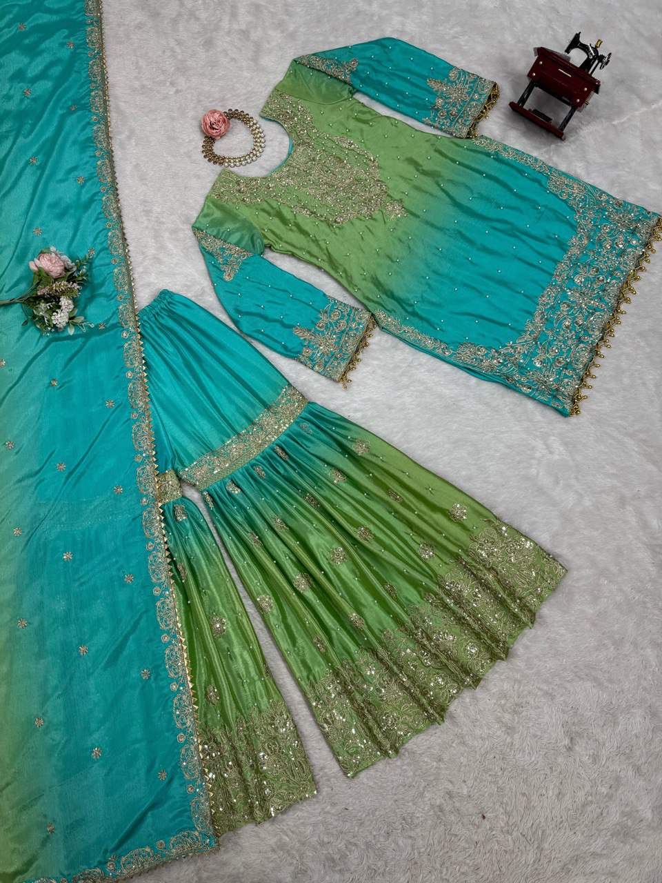 Sky Green Color Silk Ready to Wear Sharara Suit