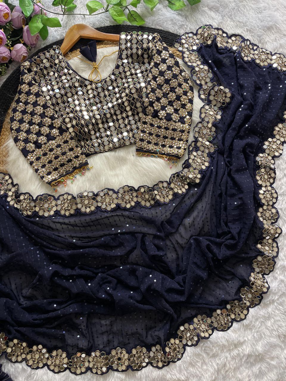 Georgette Embroidary And Real Mirror Worked Designer Wedding Wear Saree With Stiched Blouse