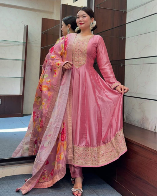 Beautiful Light Pink Anarkali Flared Kurti Pant Dupatta Set