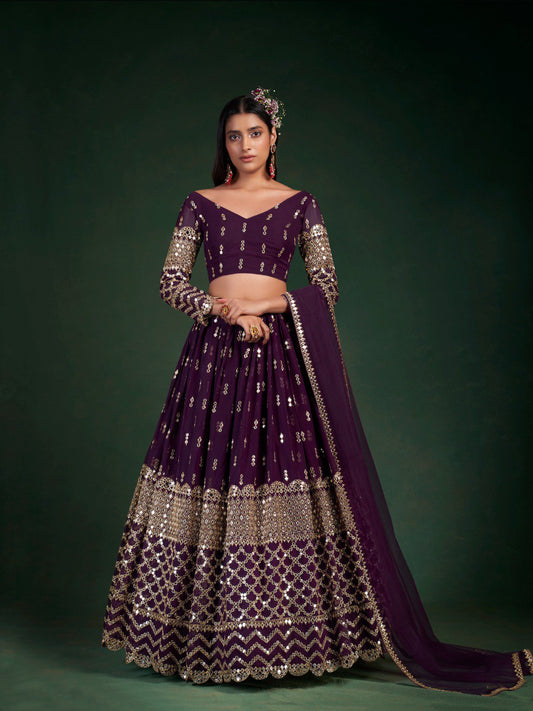Stunning Wine Colour Zari Sequins Designer Lehenga Choli With Dupatta