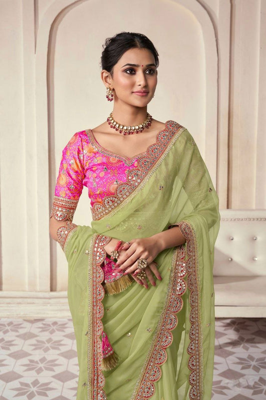 Pista Green Colour Sequence Embroidered Saree Blouse