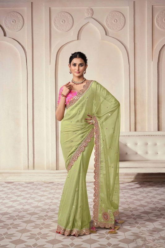 Pista Green Colour Sequence Embroidered Saree Blouse
