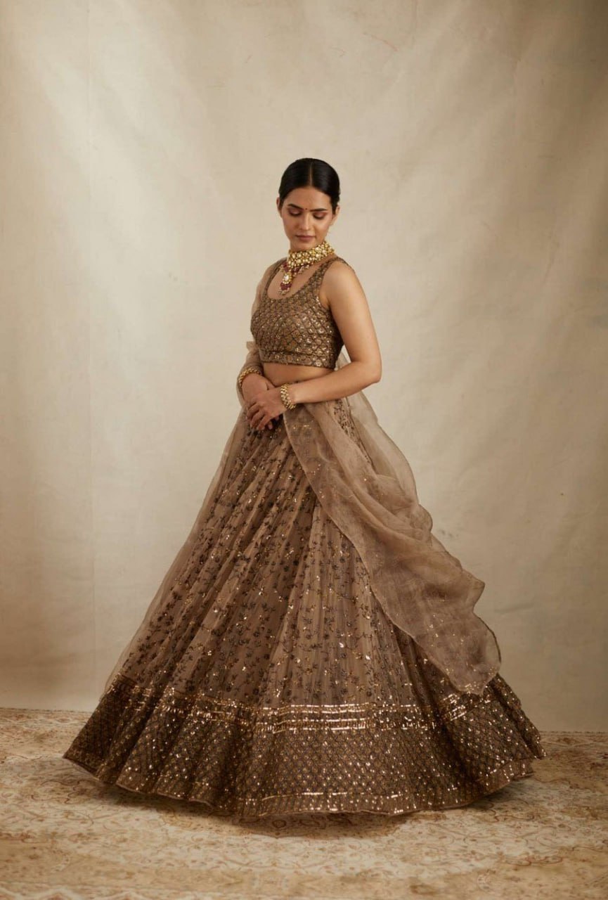 Glemorous Light Brown Colour Soft Net Sequence Worked Lehenga Choli