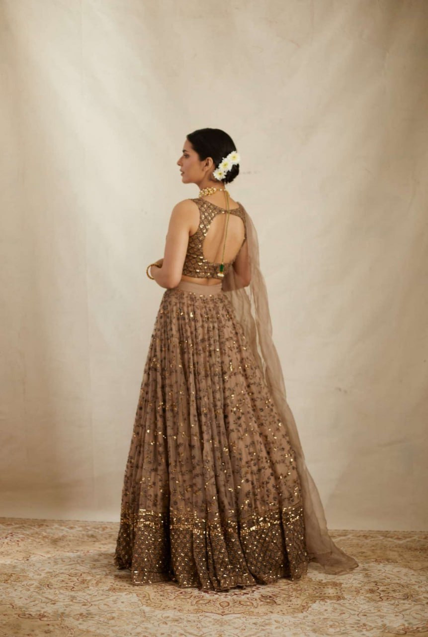 Glemorous Light Brown Colour Soft Net Sequence Worked Lehenga Choli