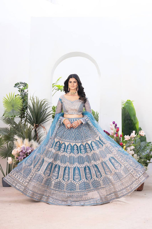 Marvelous Blue Embroidery Sequins Work Wedding Wear  Lehenga Choli With Dupatta