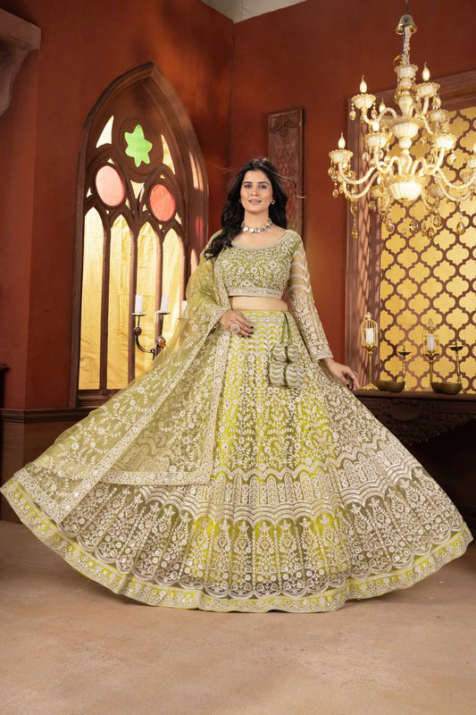 Heavy Chain Stich Work Green Lehenga Choli