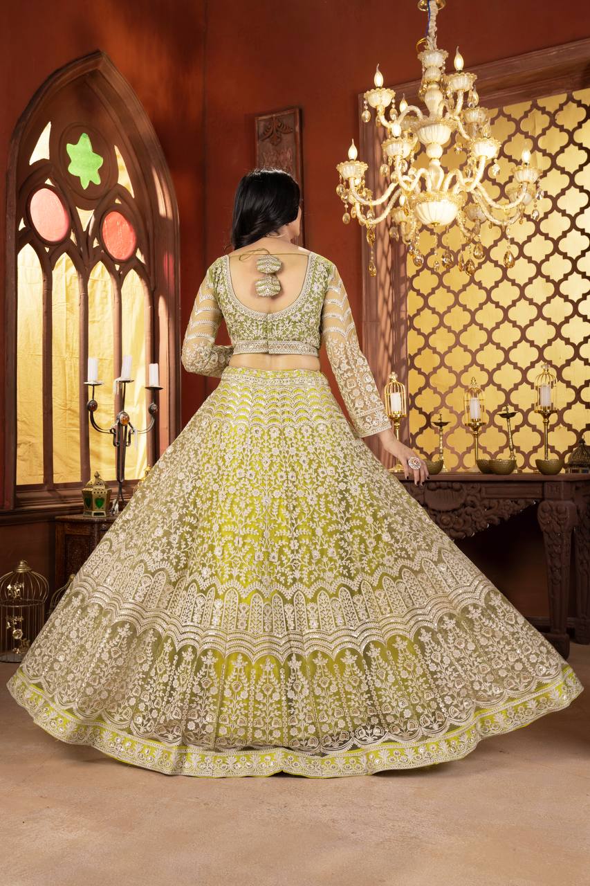 Heavy Chain Stich Work Green Lehenga Choli