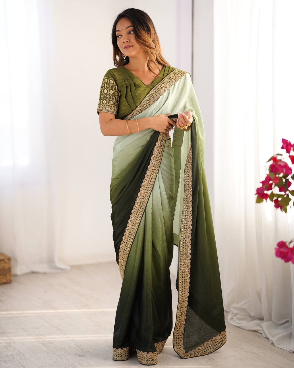 Mehendi Green Colour Chinon Silk Thred With Sequnce Lace Work Saree
