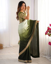 Load image into Gallery viewer, Mehendi Green Colour Chinon Silk Thred With Sequnce Lace Work Saree
