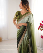 Load image into Gallery viewer, Mehendi Green Colour Chinon Silk Thred With Sequnce Lace Work Saree
