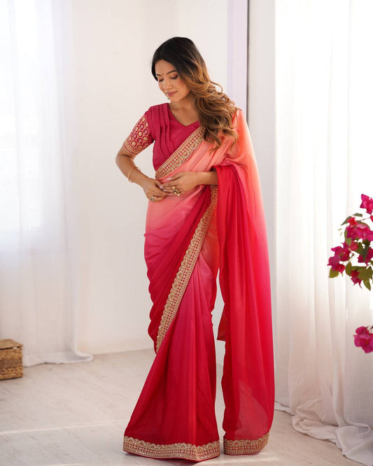 Pink Colour Chinon Silk Thred With Sequnce Lace Work Saree