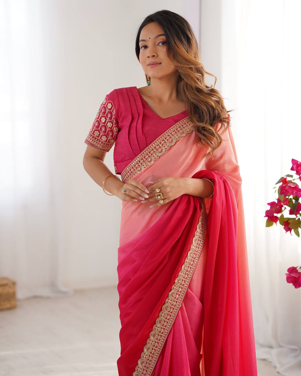 Pink Colour Chinon Silk Thred With Sequnce Lace Work Saree