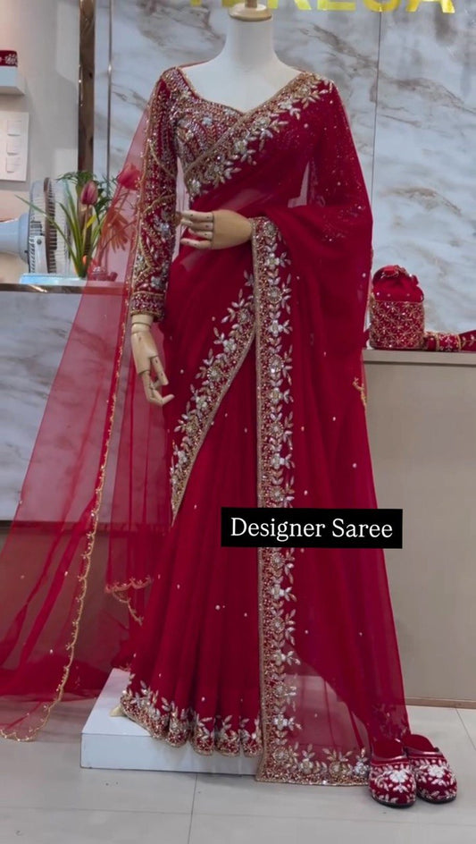 Red Wedding Wear Saree Faux Georgette Thred With Sequnce Work & Dupatta Soft Net