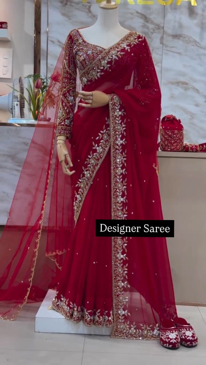 Red Wedding Wear Saree Faux Georgette Thred With Sequnce Work & Dupatta Soft Net
