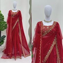 Load image into Gallery viewer, Red Wedding Wear Saree Faux Georgette Thred With Sequnce Work &amp; Dupatta Soft Net
