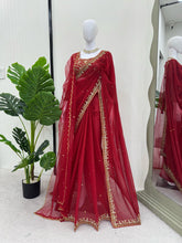 Load image into Gallery viewer, Red Wedding Wear Saree Faux Georgette Thred With Sequnce Work &amp; Dupatta Soft Net
