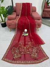 Load image into Gallery viewer, Red Wedding Wear Saree Faux Georgette Thred With Sequnce Work &amp; Dupatta Soft Net
