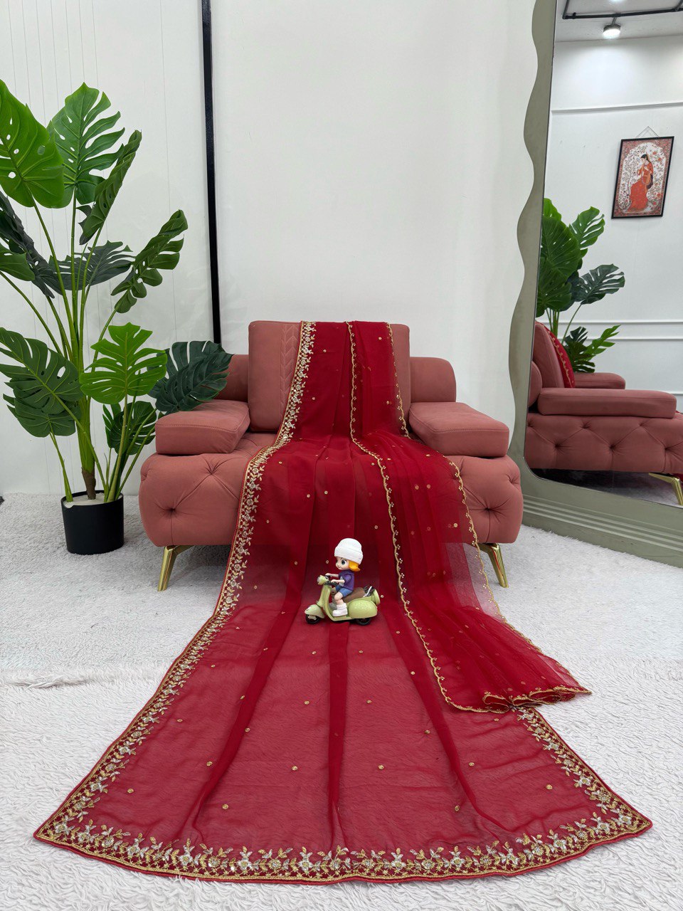 Red Wedding Wear Saree Faux Georgette Thred With Sequnce Work & Dupatta Soft Net