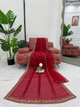 Load image into Gallery viewer, Red Wedding Wear Saree Faux Georgette Thred With Sequnce Work &amp; Dupatta Soft Net
