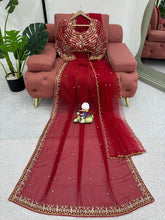 Load image into Gallery viewer, Red Wedding Wear Saree Faux Georgette Thred With Sequnce Work &amp; Dupatta Soft Net

