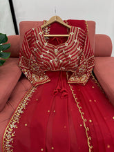 Load image into Gallery viewer, Red Wedding Wear Saree Faux Georgette Thred With Sequnce Work &amp; Dupatta Soft Net
