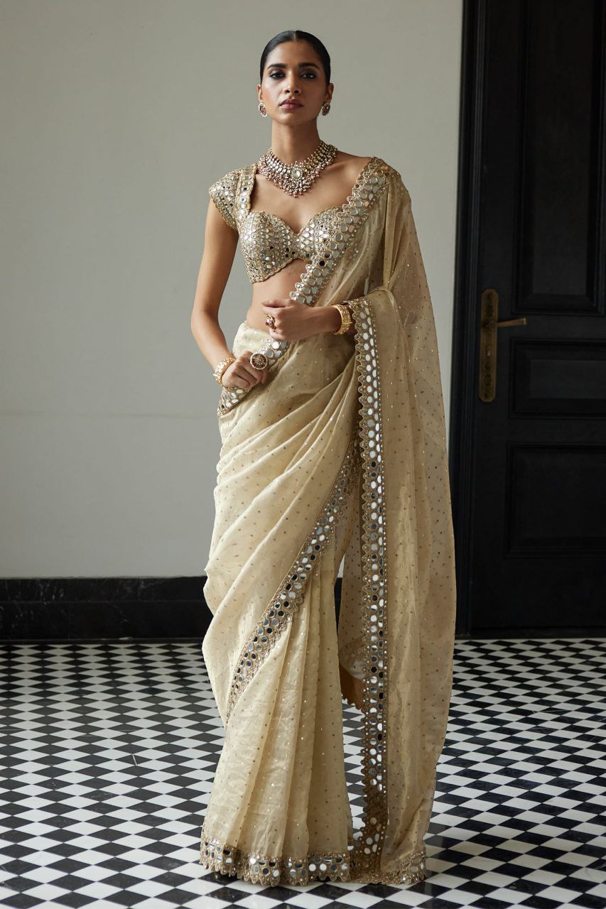 Party Wear Heavy Mirror And Codding Work Saree