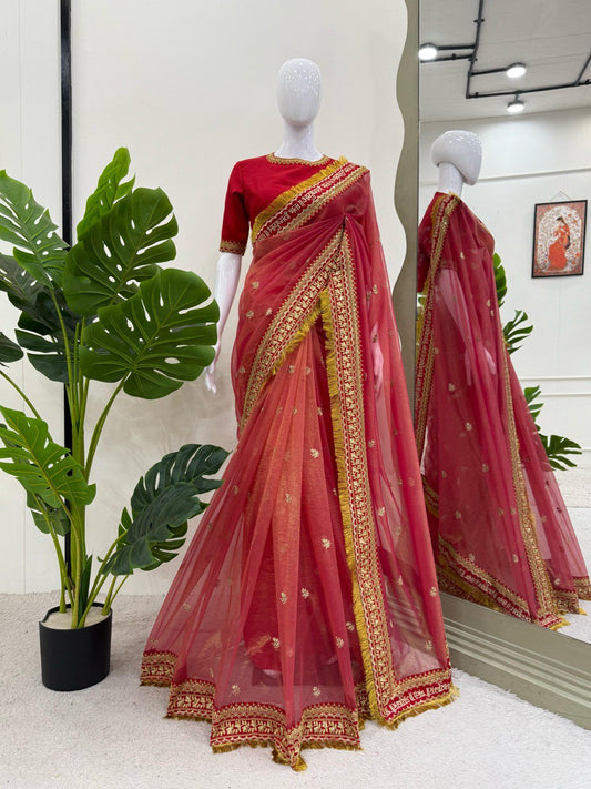 Latest Red Saree Twil Net And Mono Benglori Silk