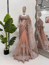 Load image into Gallery viewer, Dazzling Peach Colour Party Wear Soft Net Saree
