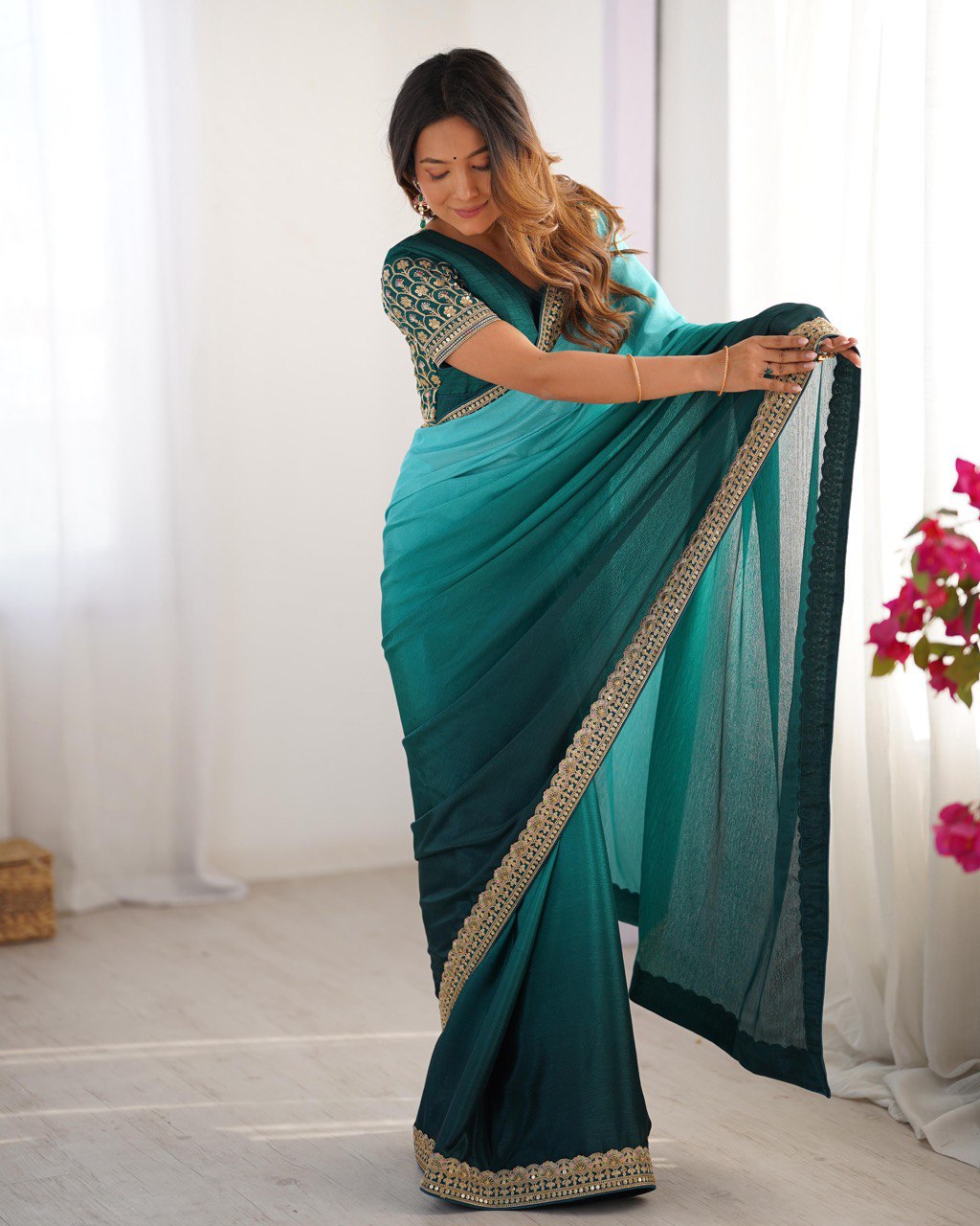 Sky And Rama Colour Chinon Silk Thred With Sequnce Lace Work Saree