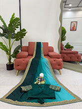 Load image into Gallery viewer, Sky And Rama Colour Chinon Silk Thred With Sequnce Lace Work Saree
