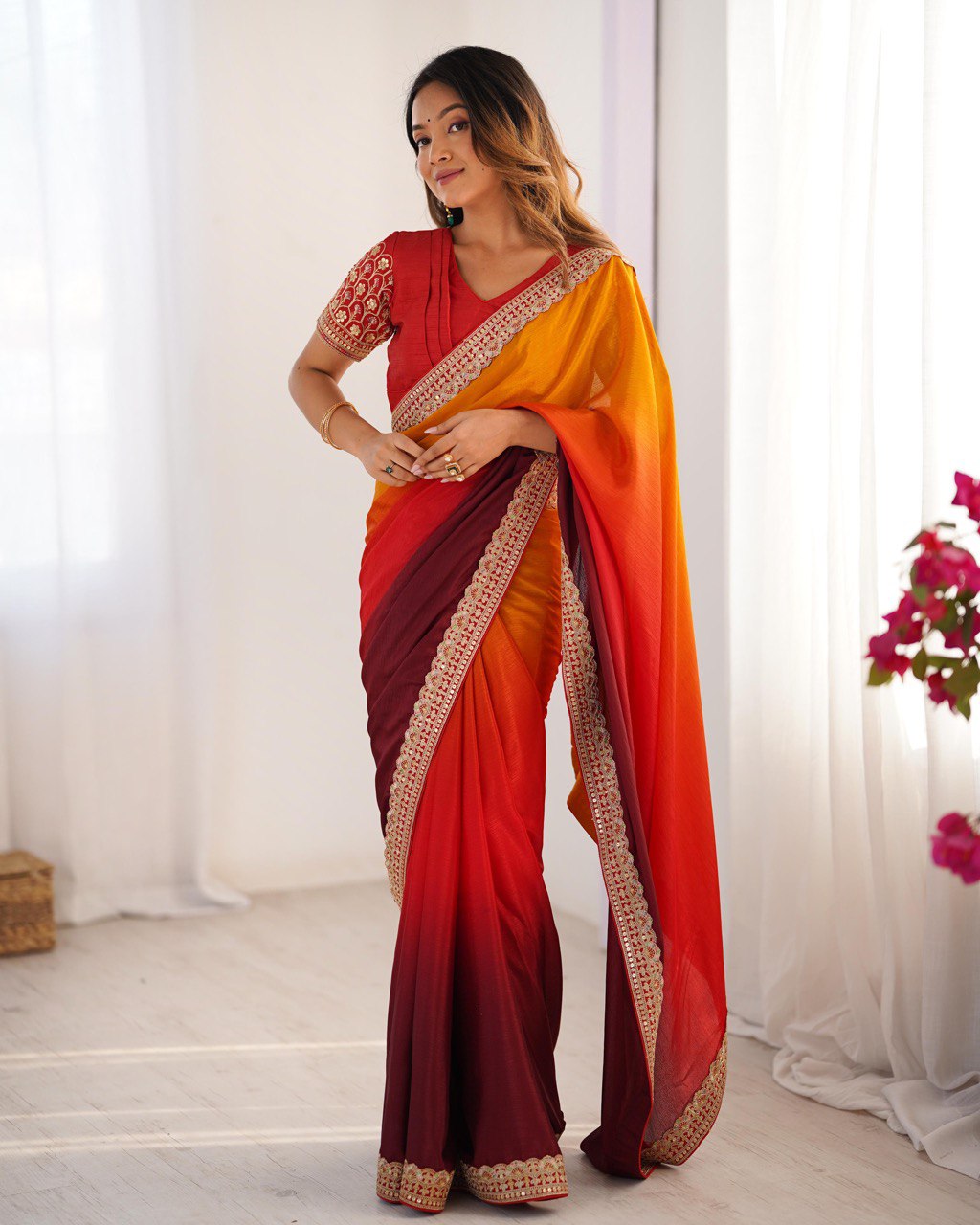 Orange And Maroon Colour Chinon Silk Thred With Sequnce Lace Work Saree