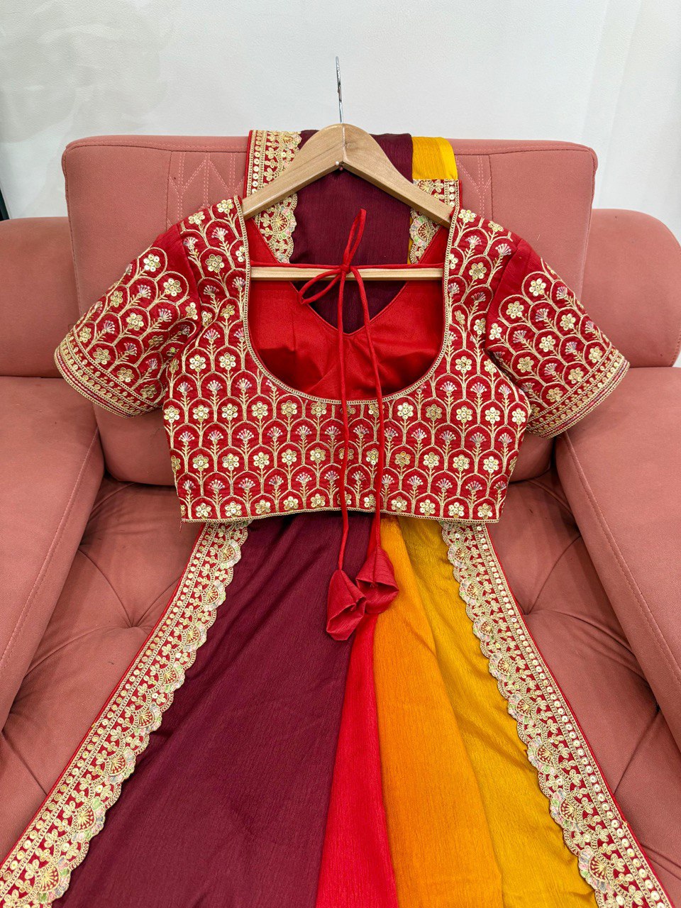 Orange And Maroon Colour Chinon Silk Thred With Sequnce Lace Work Saree