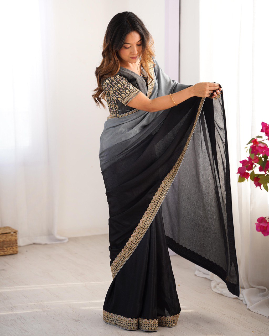Black And Grey Colour Chinon Silk Thred With Sequnce Lace Work Saree
