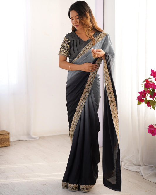 Black And Grey Colour Chinon Silk Thred With Sequnce Lace Work Saree