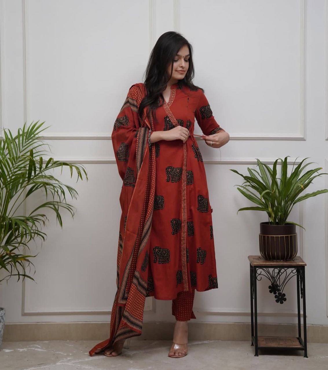 New Angrakha Style Neck Design Pure Cotton Stiched Outfite With Beautiful Duppata