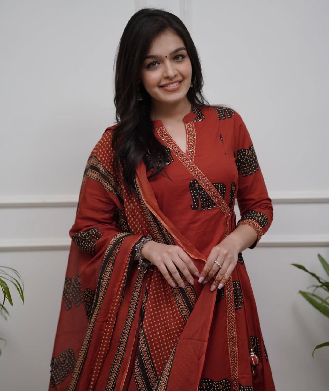 New Angrakha Style Neck Design Pure Cotton Stiched Outfite With Beautiful Duppata