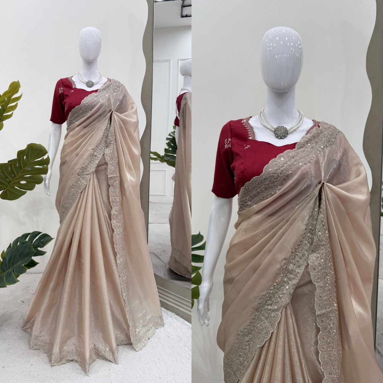 Cream Colour Jimmy Chuu Thred With  Sequnce Work Saree