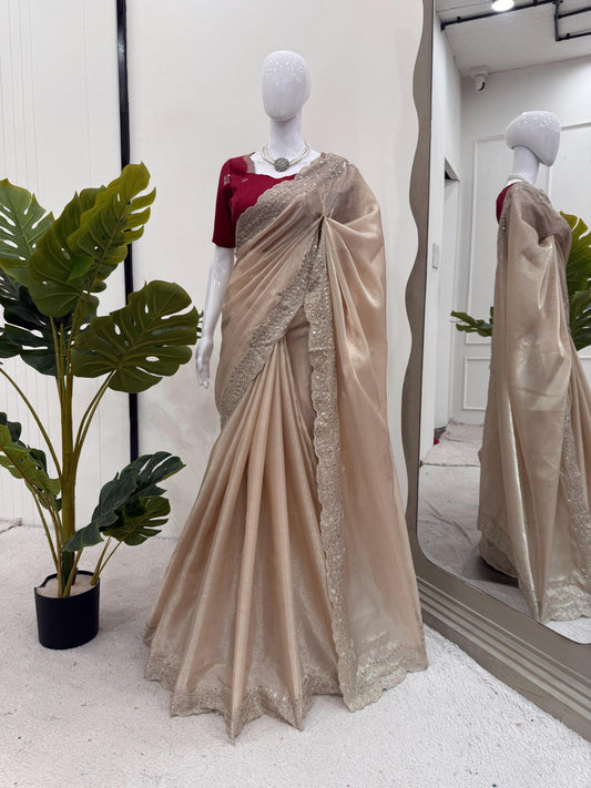 Cream Colour Jimmy Chuu Thred With  Sequnce Work Saree