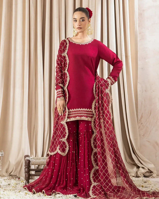 Foux Gorgette Thread With Sequnce Work Sharara Suit With Hevy Embroidery Dupatta
