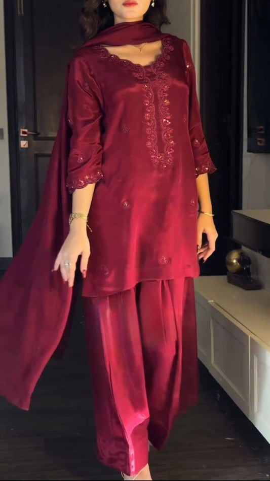 Carrot Pink Chinon Silk Thread With Sequnce Work Dress